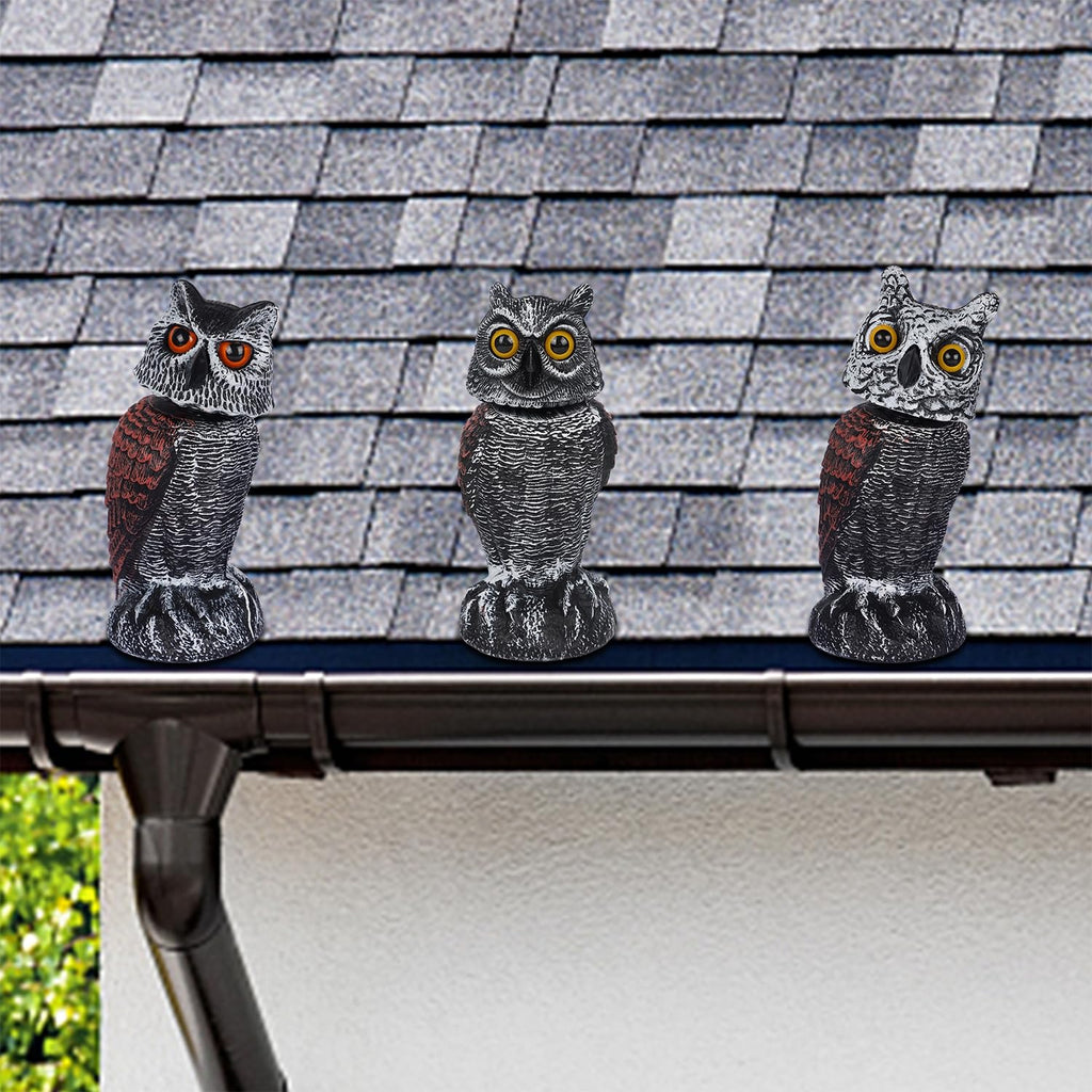 Hausse 3 Pack Bird Scarecrow Fake Horned Owl Decoy, Rotating Head Plastic Owl Bird Deterrents, Nature Enemy Horned Pest Repellent for Outdoor Garden