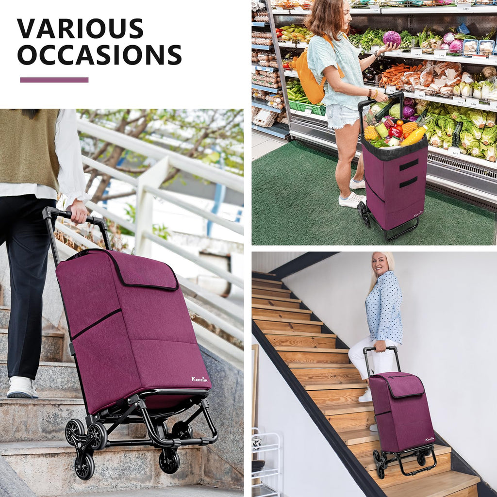 KEDSUM 2 in 1 Stair Climbing Cart, 60L/300LBS Grocery Cart on Wheels for Stairs, Shopping Carts for Groceries with Removable Waterproof Bag, Folding Shopping Carts for Stairs, Purple