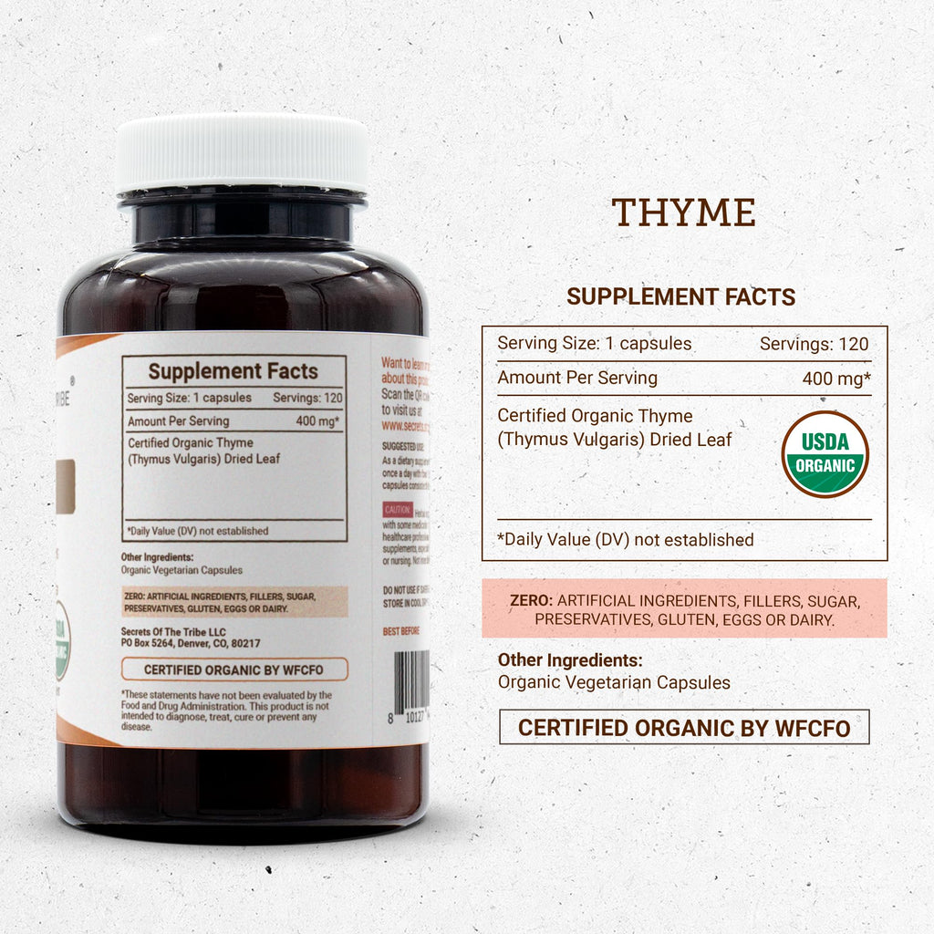 Secrets of the Tribe Thyme USDA Organic | Made with Vegetarian Capsules and Certified Organic Thyme (Thymus Vulgaris) Dried Leaf (120 Capsules)