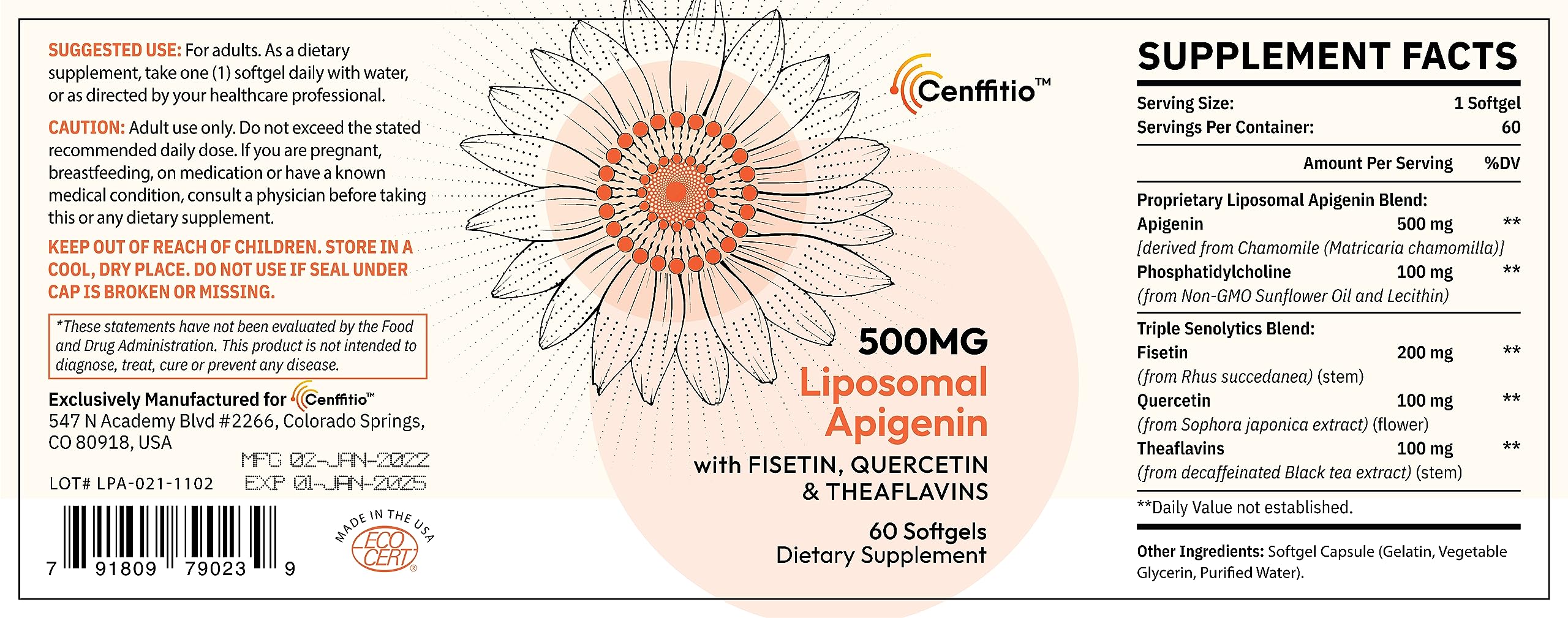 Cenffitio Liposomal apigenin 500mg Softgels - Optimal Apigenin Supplement with Fisetin, Quercetin and Theaflavins (60 Count (Pack of 1))