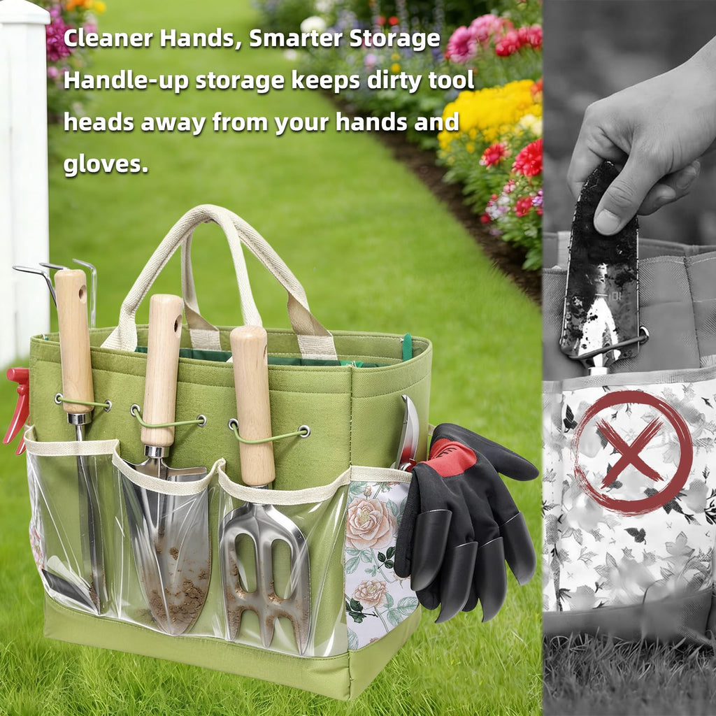 Garden Tools Set, 9-Piece Heavy Duty Gardening Tools with Clear Pocket Tote Bag, Stainless Steel Garden Hand Tools for Digging, Planting, Weeding and Pruning, Durable Gardening Kit