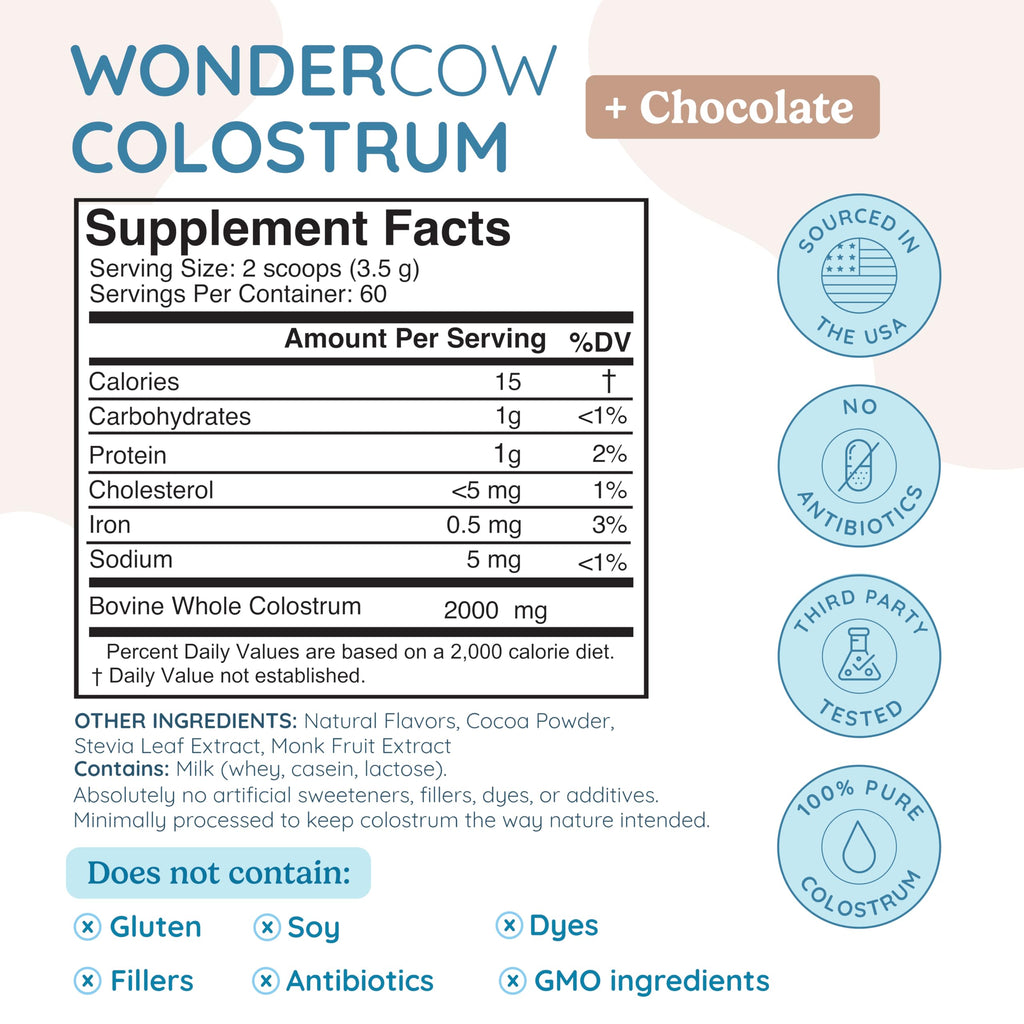 WONDERCOW Colostrum Supplement Powder for Gut Health, Immune Support & Wellness | Natural IgG Pure Whole Bovine Colostrum Superfood, Chocolate, 60 Servings