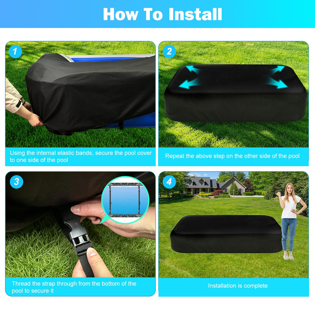 Rectangle Inflatable Pool Cover, Fits 120" L x 72" W Blow Up Pool Cover with Elastic Edge and 2 Buckle Straps, Thickened Waterproof Oxford Inflatable Pool Cover for Above Ground Pool 10'x 6'