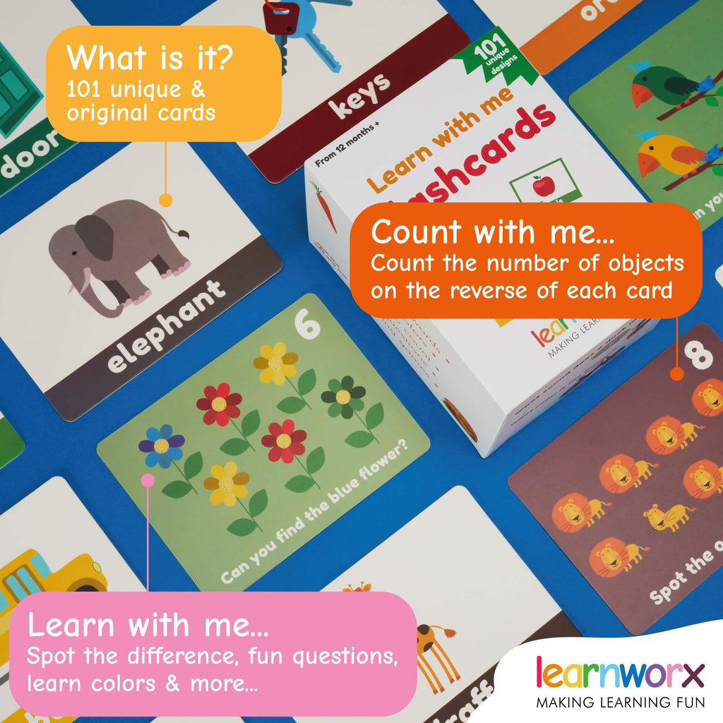 LearnWorx 101 Baby Flash Cards for Toddlers 1-3 | Award Winning First Words Toddler Flash Cards | Speech Toys Help Learn Objects, Numbers & Play Games - Big Toddler Learning Flashcards Preschool Kids