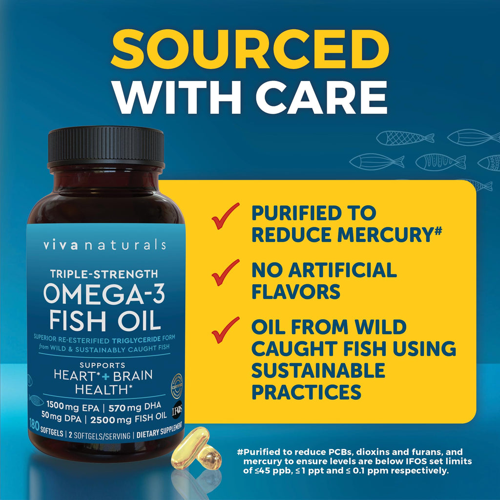 Triple Strength Fish Oil Omega 3 Supplements for Women and Men – 2500 mg High-Potency, Easy-to-Absorb Re-esterified Triglyceride Form, Pescatarian-Friendly DPA Omega 3 EPA DHA Supplement,180 Softgels