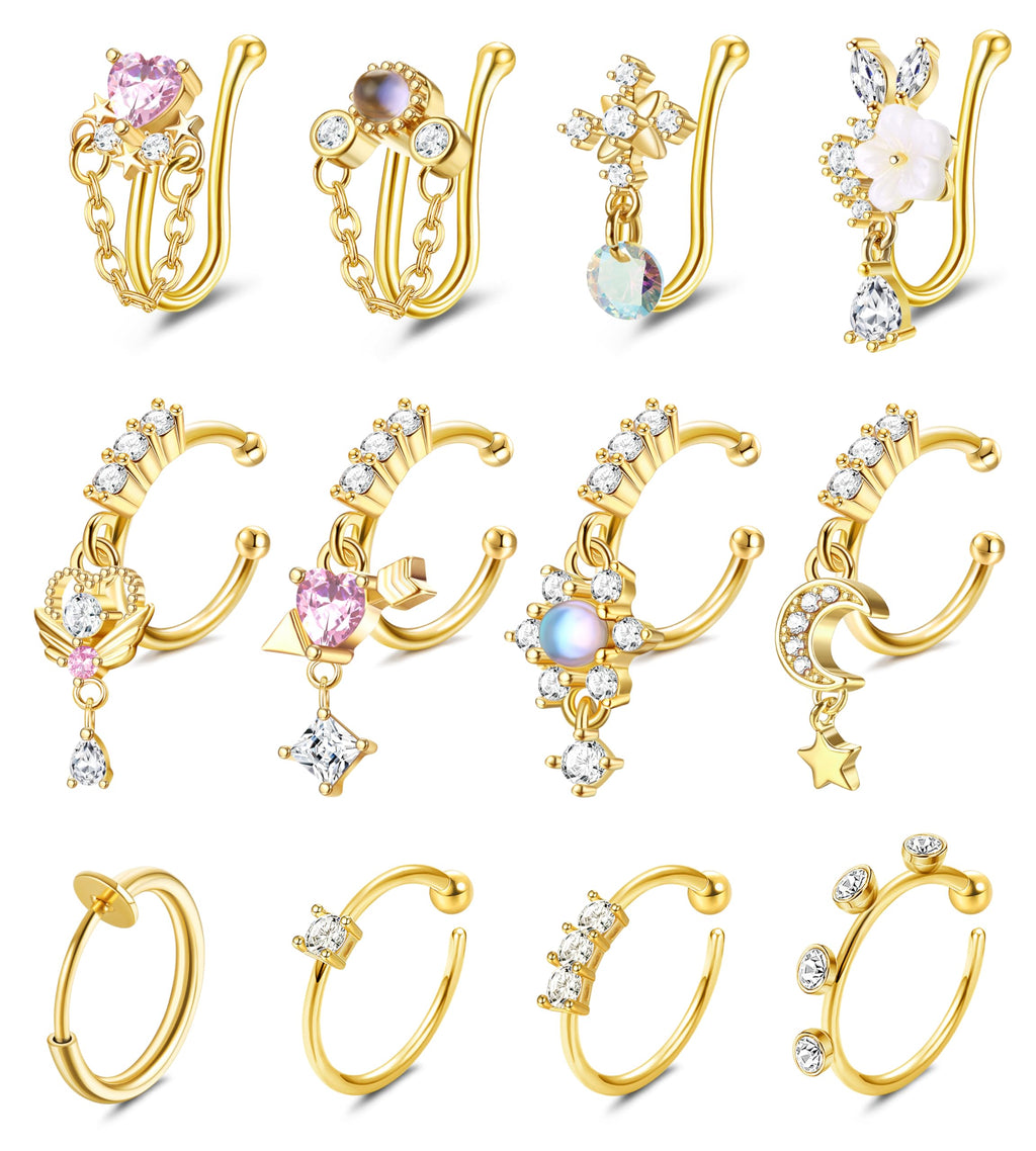 Florideco 12Pcs Nose Cuff Fake Nose Ring Hoop for Women Men Gold