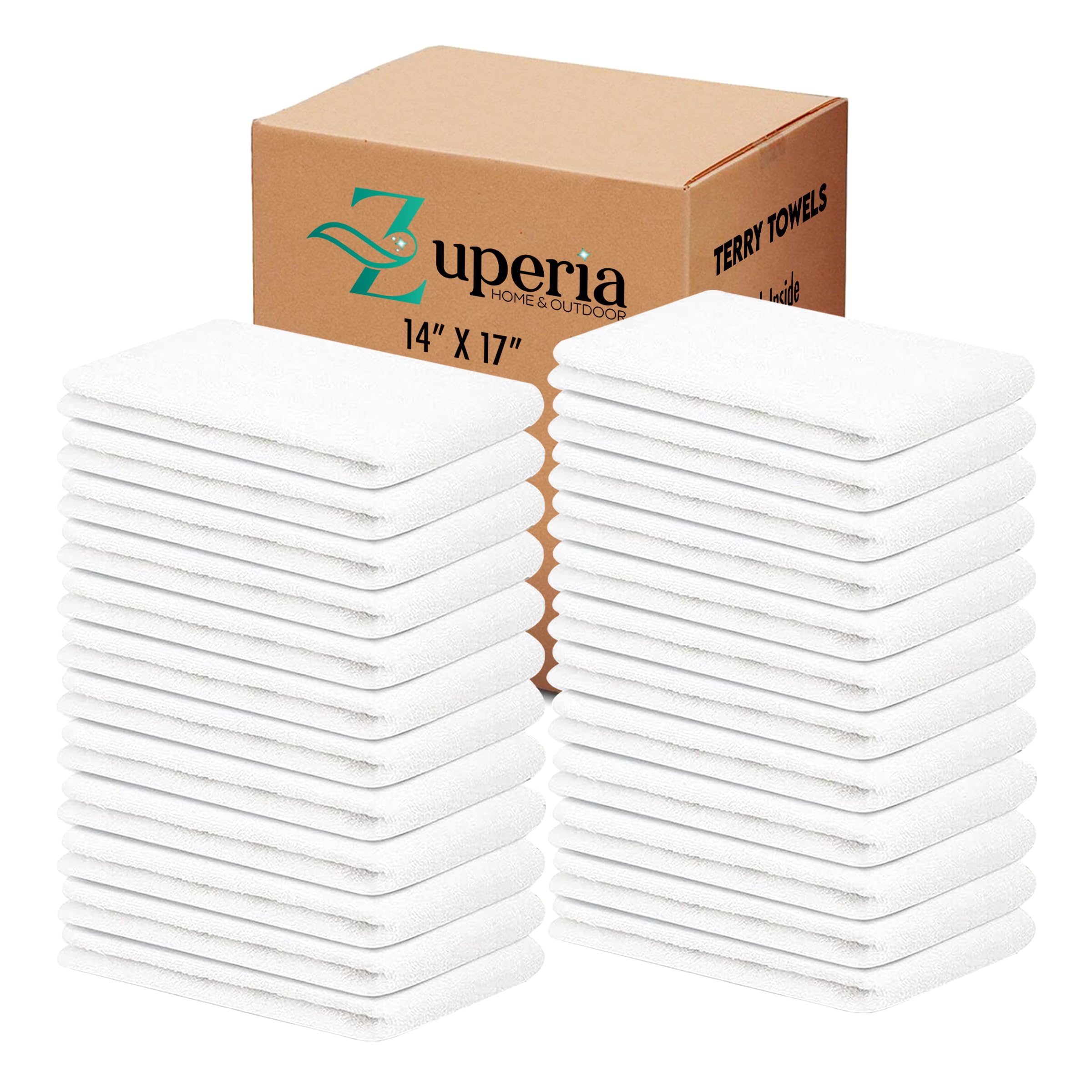 ZUPERIA Terry Towels Pack of 60 (14" X 17" Inches) 100% Cotton Terry Barmop Towels - Absorbent & Durable Bar Rags, Multipurpose Cleaning Rags for Home, Automotive & Garage Cleaning Supplies (White)