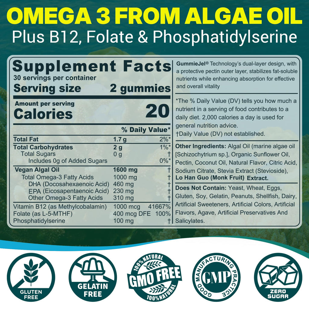 2 Pack Algae Omega 3 Gummies 1000mg, Plant Based DHA 460mg & EPA 230mg, Omega 3 Fish Oil Alternative for Adults, Plus MethylFolate, Vitamin B12, Phosphatidylserine, No Fishy Taste, Vegan, Sugar Free