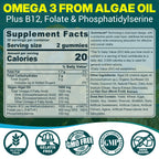 2 Pack Algae Omega 3 Gummies 1000mg, Plant Based DHA 460mg & EPA 230mg, Omega 3 Fish Oil Alternative for Adults, Plus MethylFolate, Vitamin B12, Phosphatidylserine, No Fishy Taste, Vegan, Sugar Free