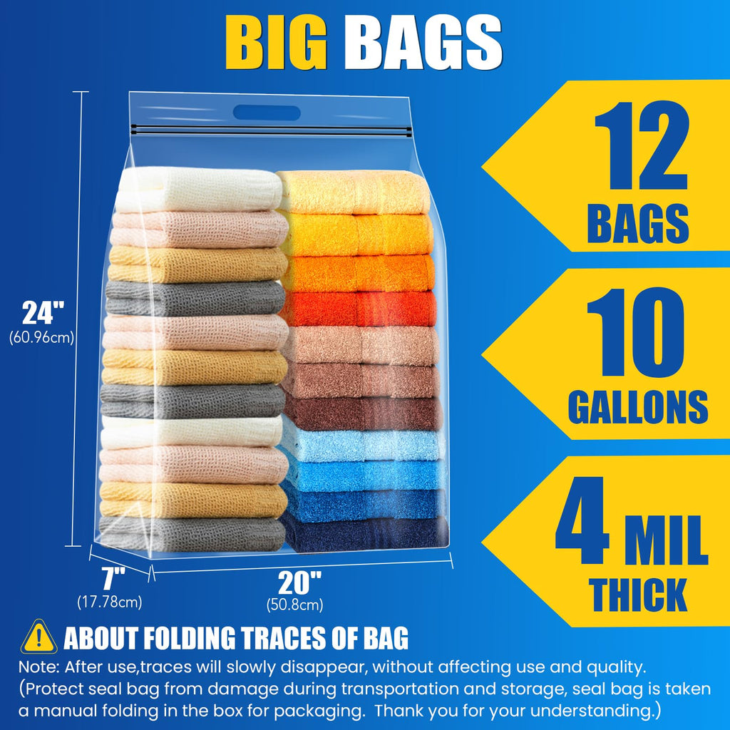 BURVAGY 10 Gallon Extra Large Bags for Storage, 24"x 20”Resealable Clear Bags with Handle, 4 Mil Thick,XL Heavy Duty for Clothes Pillow Travel Organization Moving, Double Zipper Seal, 12 Pack