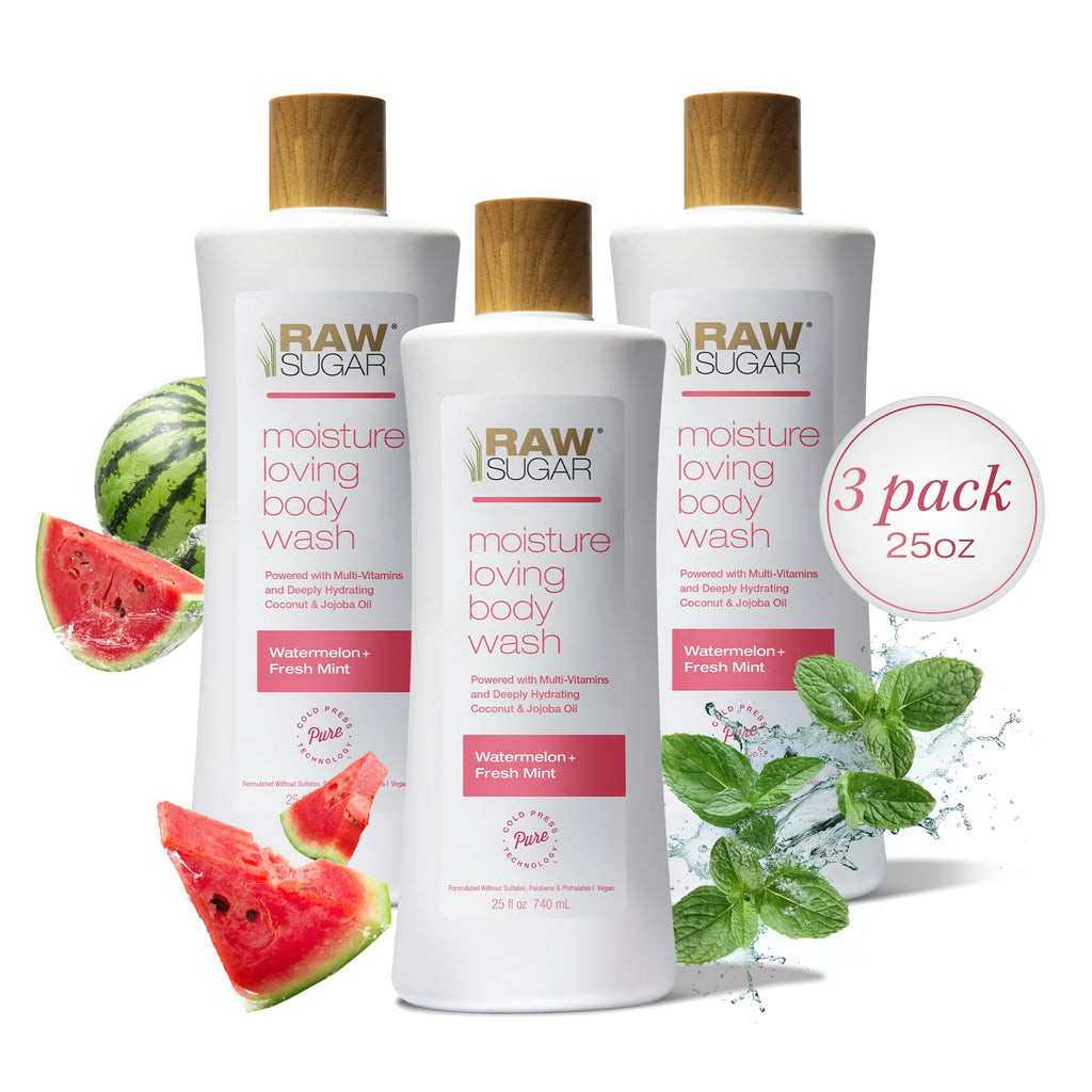 RAW SUGAR Watermelon Mint Refresh Gentle & Hydrating Body Wash, 20 Fl Oz (Pack of 3), Moisturizing & Refreshing Bath & Shower Gel, Vegan, Formulated without SLS/SLES & Parabens