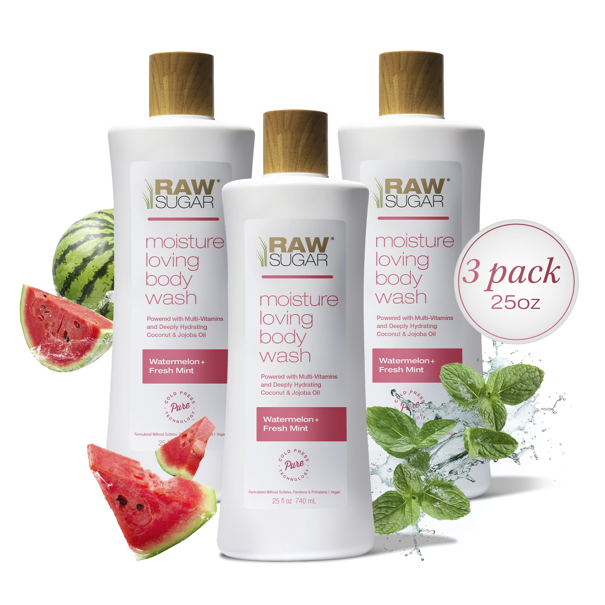 RAW SUGAR Watermelon Mint Refresh Gentle & Hydrating Body Wash, 20 Fl Oz (Pack of 3), Moisturizing & Refreshing Bath & Shower Gel, Vegan, Formulated without SLS/SLES & Parabens