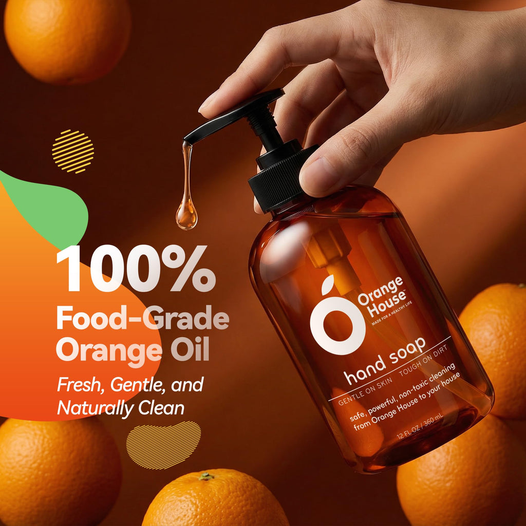 ORANGE HOUSE Natural Liquid Hand Soap, Food-Grade Orange Oil Moisturizing Hand Wash, Plant-Based & Hypoallergenic, Gentle for Sensitive Skin, Non-Toxic Citrus Scented Soap, 12 Fl Oz (6 Pack)