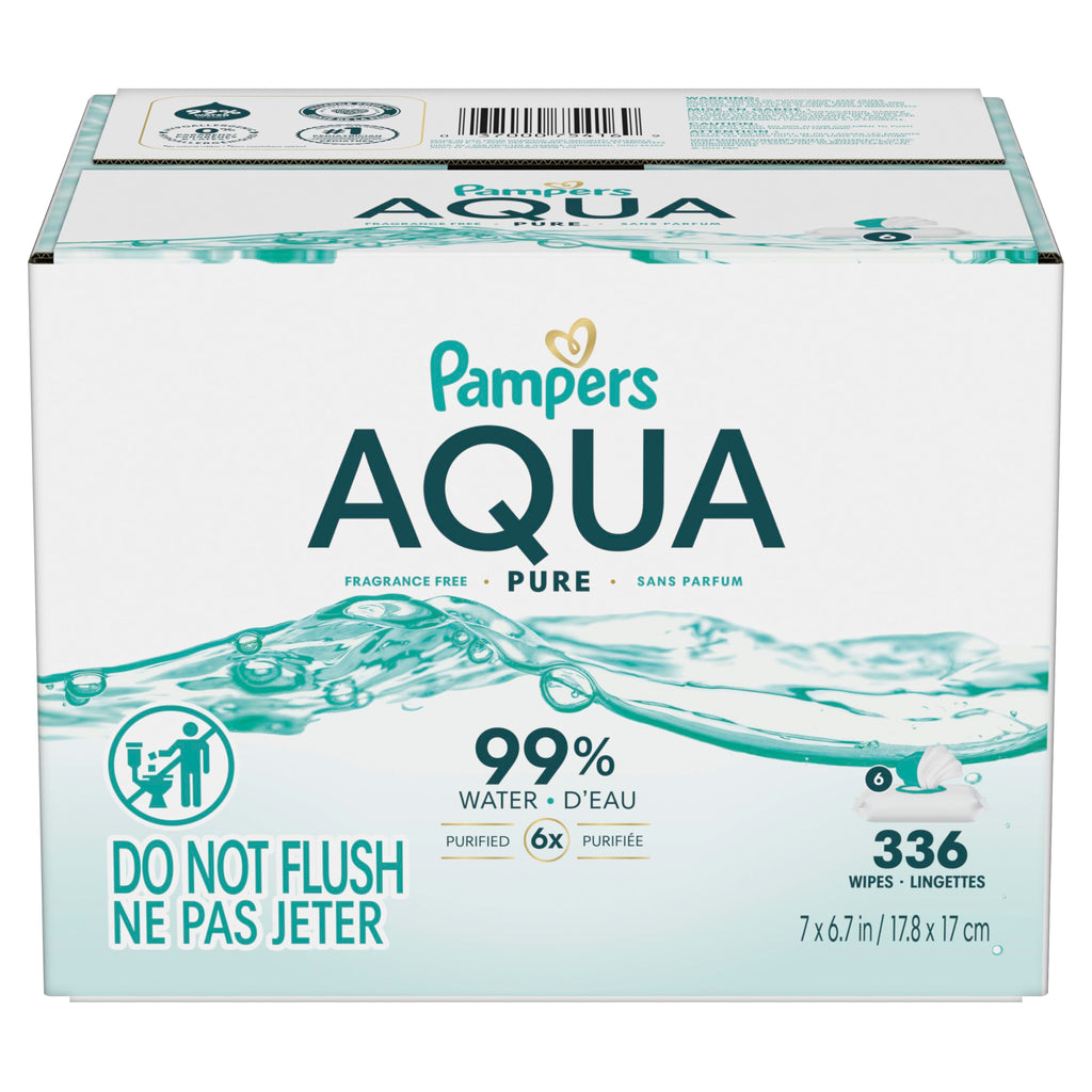 Pampers Aqua Pure Baby Wipes, Unscented, Fragrance Free, 99% Water, Water Based, Multi-Use, 336 Wipes Total (6X Flip-Top Packs)