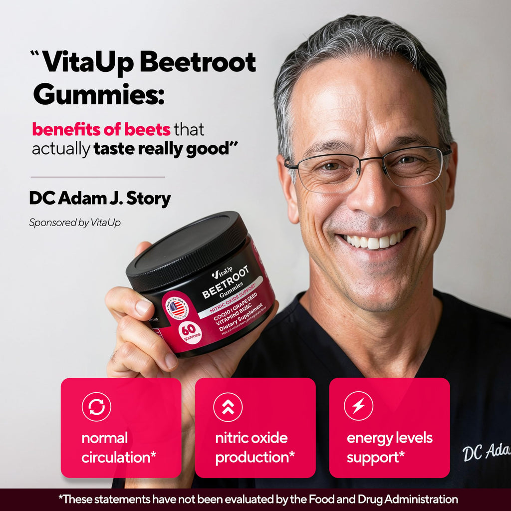 VitaUp Beet Root Gummies – Beetroot Supplement with CoQ10, Grape Seed, Vitamin C, B12 & B3 – Nitric Oxide Gummies for Circulation Support – Beet Supplement for Energy & Immune Support – 60 Beets Chews