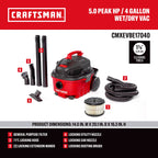 CRAFTSMAN CMXEVBE17040 4 Gallon 5.0 Peak HP Wet Dry Shop Vacuum