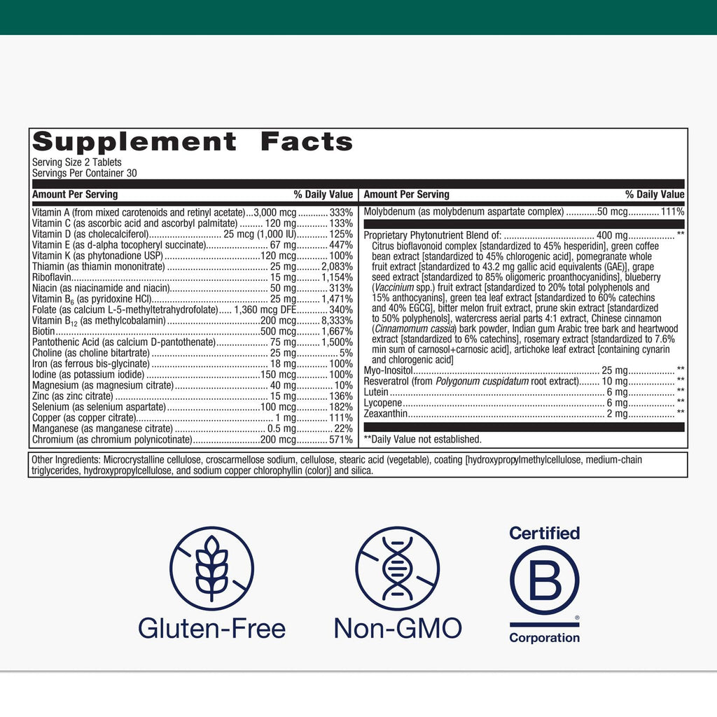 Metagenics PhytoMulti with Iron - Daily Multivitamin for Men & Women with Phytonutrients* - Methylfolate, Vitamins A‑K, Zinc & B6 - Iron Bisglycinate 18 mg - Non‑GMO, Gluten‑Free - 60 Tablets