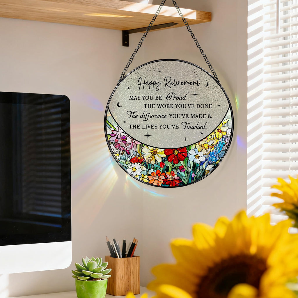 DOUHASU 8” Stained Glass Suncatcher Ornament – Floral Retirement Window Hanging Decorations, Retirement Gifts & Retired Gifts for Women, Men, Friends, Coworkers, Teachers - Style H