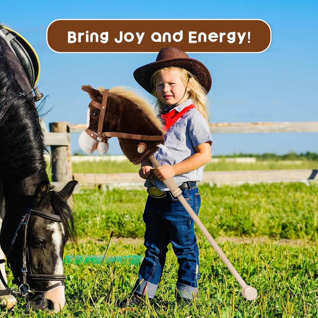 HollyHOME Stick Horse Plush Handcrafted Hobby Horse on a Stick with Wood Wheels Real Pony Neighing and Galloping Sounds for Kids Toddlers Chocolate 36 Inches(AA Batteries Required)