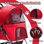 Azaeahom Pet Stroller, 4 Wheels Pet Strolling Cart for Medium/Small Dogs and Cats, Foldable Cat Jogger/Dog Stroller with Cup Holder, Storage Basket, Breathable Mesh, All-Season Pet Carrier, Red