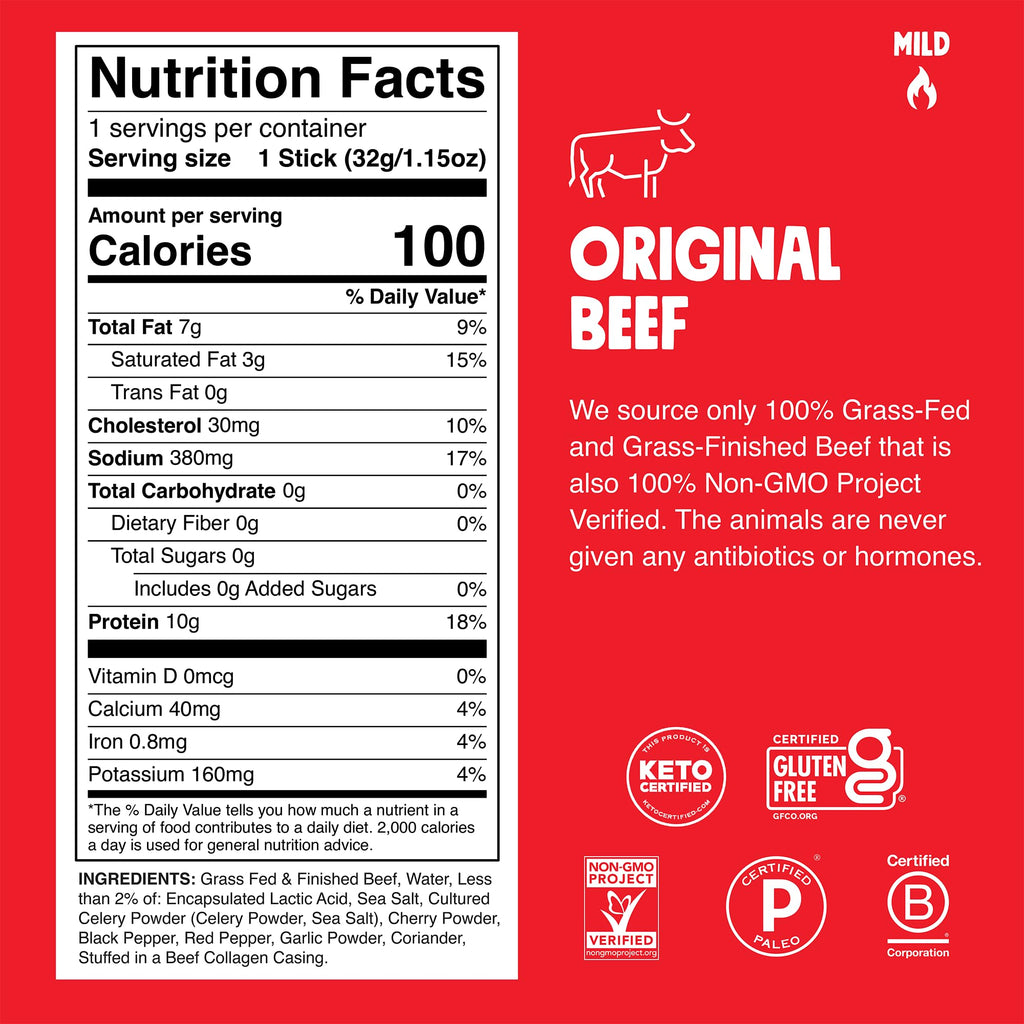 Chomps Original Beef, Grass-Fed & Finished, 24ct, Protein Snack Stick