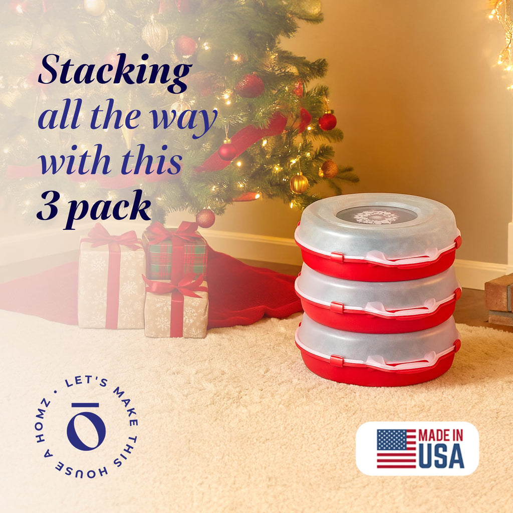 HOMZ Holiday Storage 24" Clear Plastic Wreath Container, Red, 3 Pack
