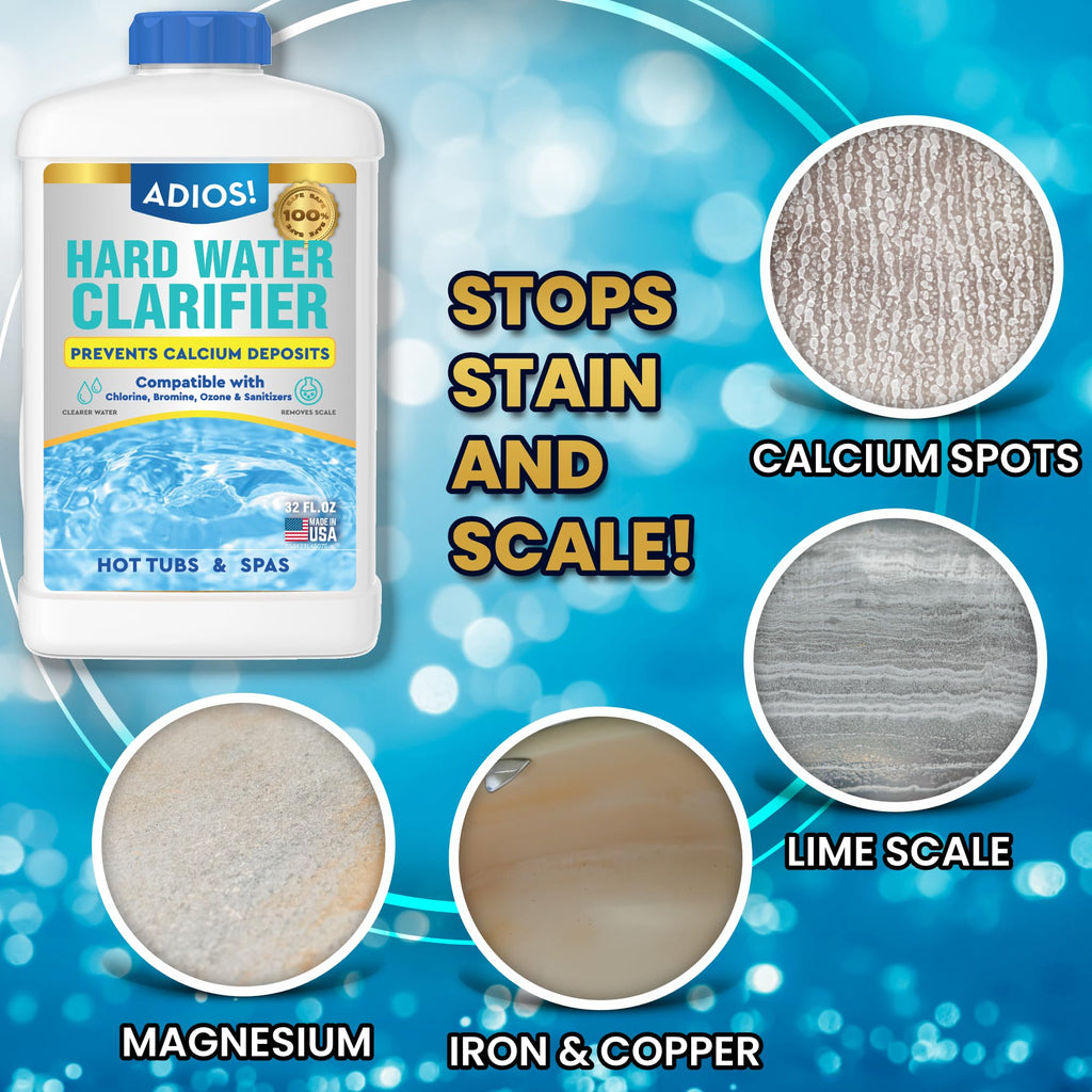 ADIOS! Hot Tub Hard Water Calcium Remover with Scale and Stain Clarifier, Soften Treat and Reduce Spa Deposits - 16oz (Pint)