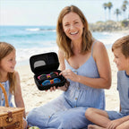 GWCASE Travel Glasses Organizer & Contact Lens Case - Adjustable Slots, Built-in Mirror, Tweezers, Solution Bottle & Hand Strap, Universal Fits Eyelasses/Sunglasses for Men & Women – Black