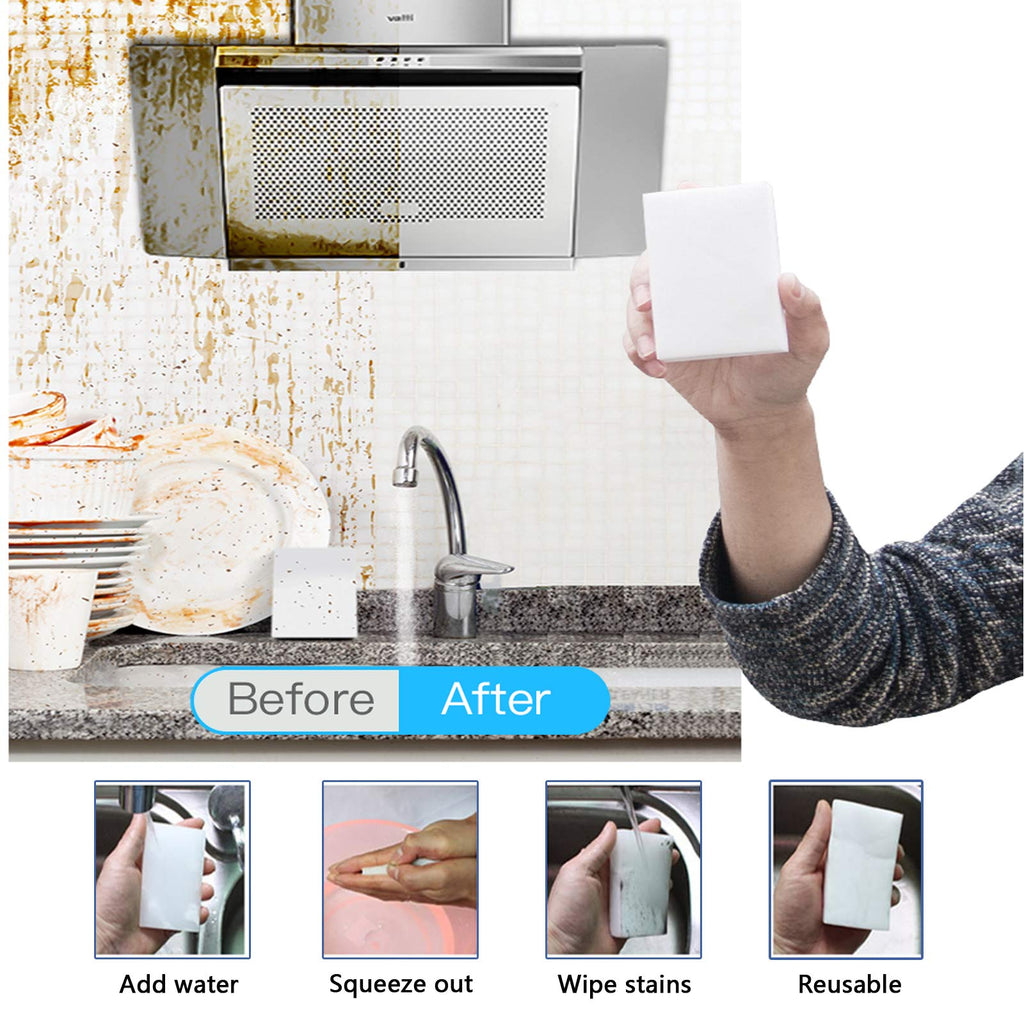 Magic Sponge Eraser, 100 Pack Melamine Foam Bulk Sponge Sheets - Bathroom, Oven, Shower, Glass, Dishes, Stove Top, Kitchen Sinks, Bathtub, Wall Tile, Baseboard Cleaner - White, Not Easily Rip