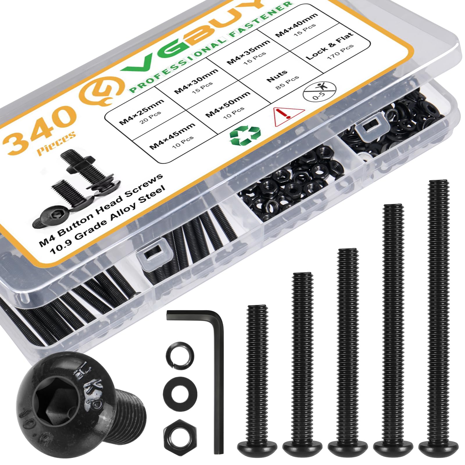 VGBUY 340Pcs M4 Screw Kit, Black M4 Screws Bolts, 25/30/35/40/45/50mm Metric Button Head Cap Screw Assortment Kit with Washer Nuts,10.9 Grade