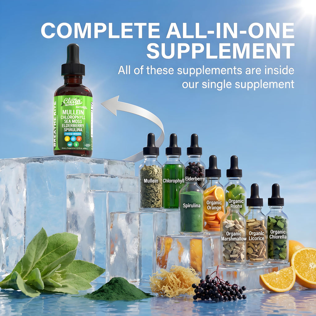 Clean Nutra Mullein Drops for Lungs Organic Chlorophyll Liquid Irish Sea Moss, Spirulina, Licorice, Tart Cherry Lobelia, Motherwort & Elderberry Mullein Leaf Extract Tincture Men Women Supplement