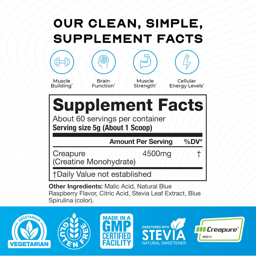 Muscle Feast Creapure Creatine Monohydrate Powder, Vegan Keto Friendly Gluten-Free, Muscle Recovery Supplement and Trusted Creatine for Muscle Growth, Flavored Creatine, Natural Blue Raspberry, 300g