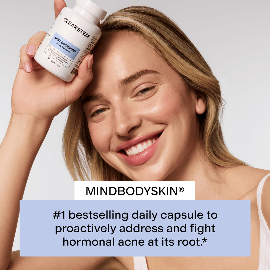 CLEARSTEM - MINDBODYSKIN Hormonal Acne Supplement (5-HTP) - Natural DIM Supplement - Skin Care Vitamins - Hormone Balance, Antioxidants - Gluten Free, Cruelty Free - 30 Servings, 90 Capsules