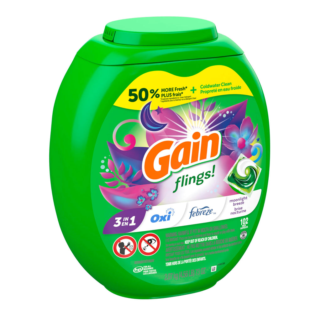 Gain Flings Laundry Detergent Pacs, 102 Count, Moonlight Breeze Scent, with Odor Defense, concentrated laundry soap pacs