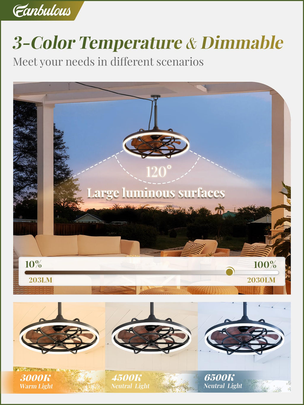 Fanbulous Outdoor Ceiling Fans with Light for Patios, 24" Weatherproof Plug in Ceiling Fan, Gazebo Fan Remote&APP Control, 3CCT Dimmable, Caged Ceiling Fan with Hanging Hook for Porch, Pergola, Canopy