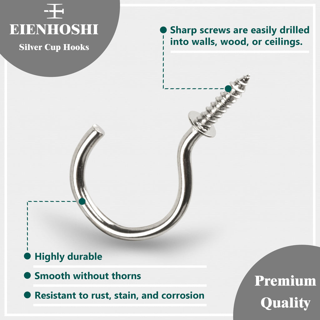 EIENHOSHI 105 Pcs Screw Hooks, 6 Sizes Silver Cup Hooks, Screw in Hooks for Hanging, Metal Cup Hook Screw in (1/2", 5/8", 3/4", 7/8", 1'', 1-1/4")