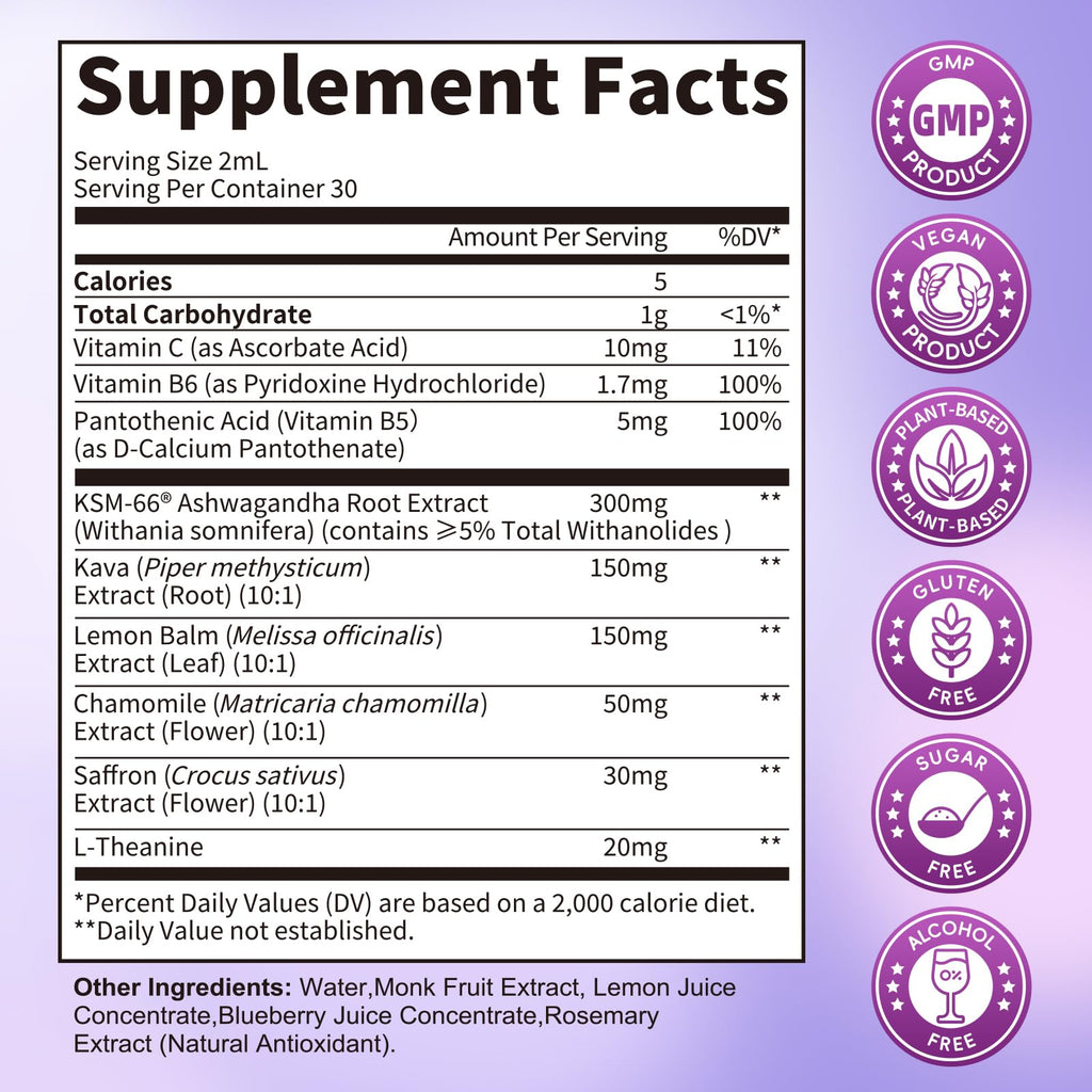 Cortisol Supplements for Women, Cortisol Reducer Manager Detox with KSM-66® Ashwagandha, Kava, Lemon Balm & Vitamin C B5 B6, Lower Cortisol, Hormone Harmony Liquid Drops, 2 FL.OZ, Blueberry Flavor