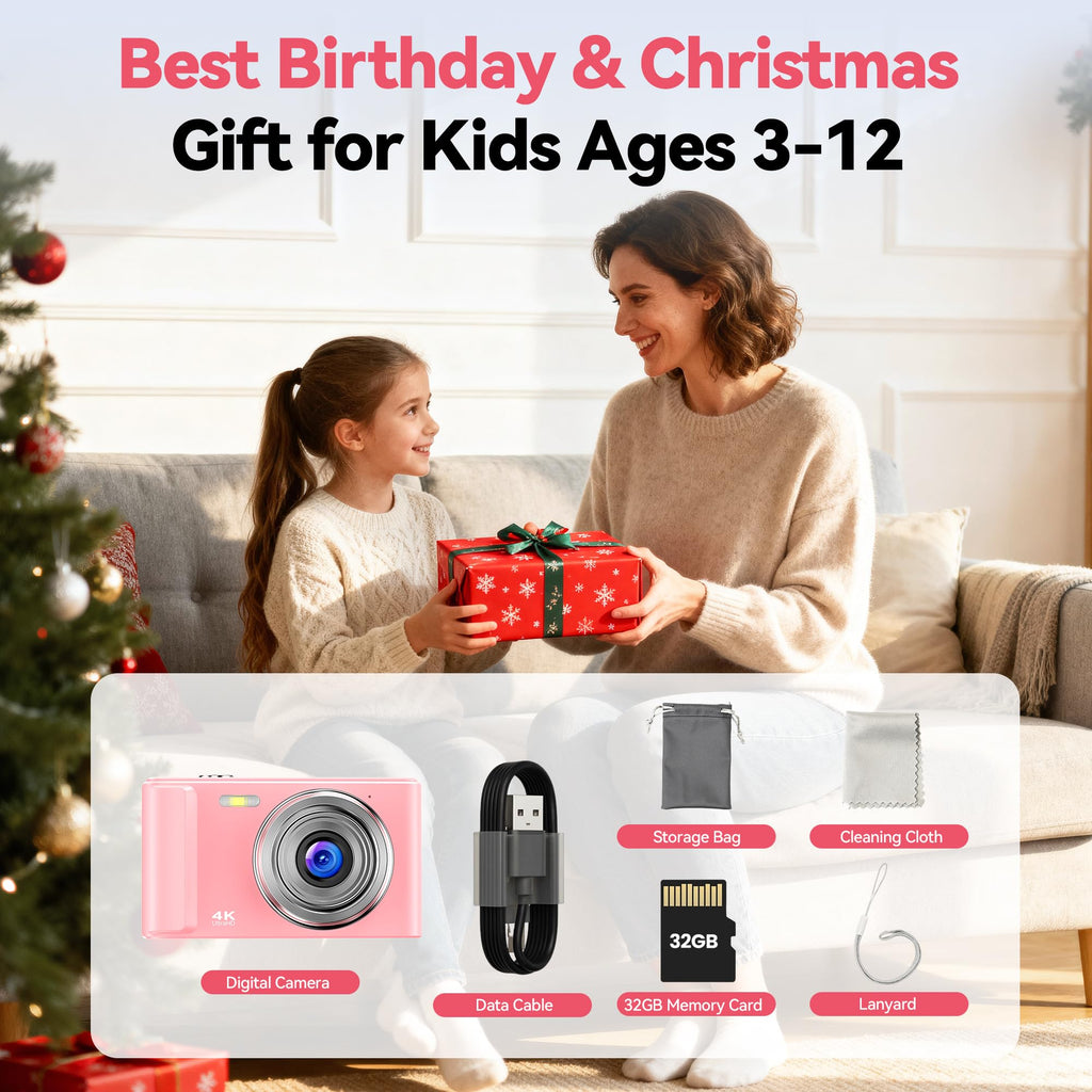 Digital Camera 4K for Kids: 48MP Pink Camera for Teens Photography - Christmas Birthday Gifts for Girls - 16X Zoom Shoot for Vlogging - Compact Camera for 6 7 8 9 10 Years Old- Toys for Toddler