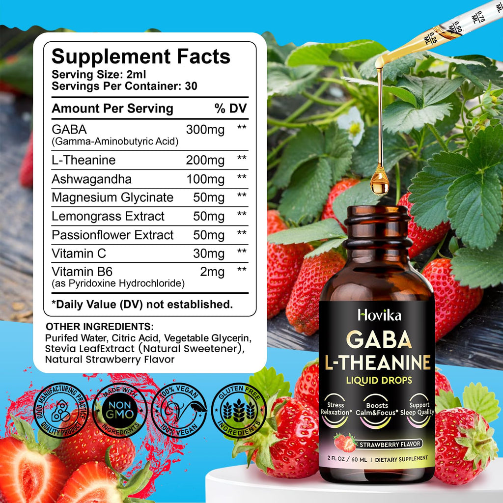 Hovika 2 Pack GABA L-Theanine Drops - Liquid GABA L-Theanine Supplement with Ashwagandha, Magnesium Glycinate, Vitamin C, B6 - Support Sleep, Relaxation, Calm Mood & Focus - Strawberry Flavor