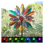 Cyan Oasis Solar Garden Wind Spinners with Light, Metal Yard Wind Spinners with Stake for Outdoor Lawn Decor (20" W x 77" H)