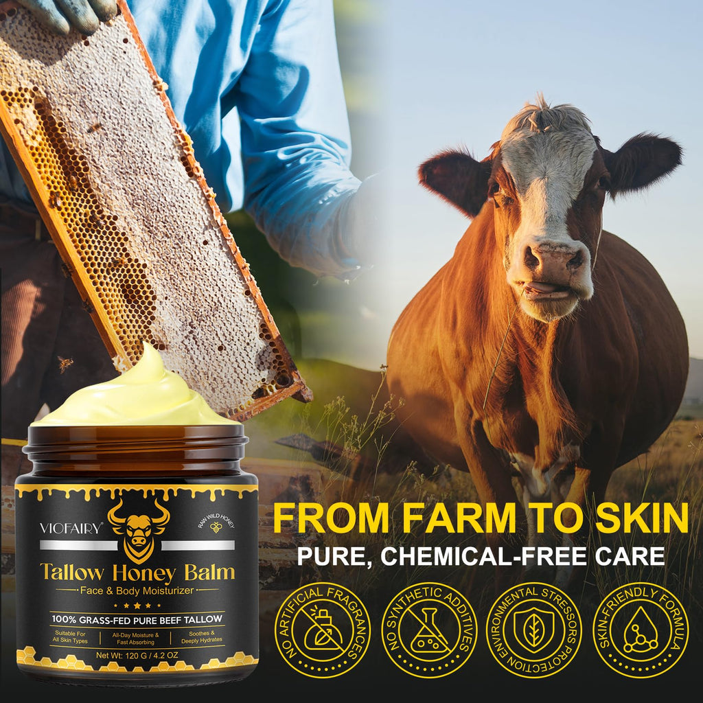 Beef Tallow for Skin, Whipped Tallow Honey Balm for Face -Grass Fed Beef Tallow & Raw Wild Honey - Organic Moisturizer for Soft, Smooth Skin- Light Scent, Moisturizing Natural Formula, 4.2 Oz