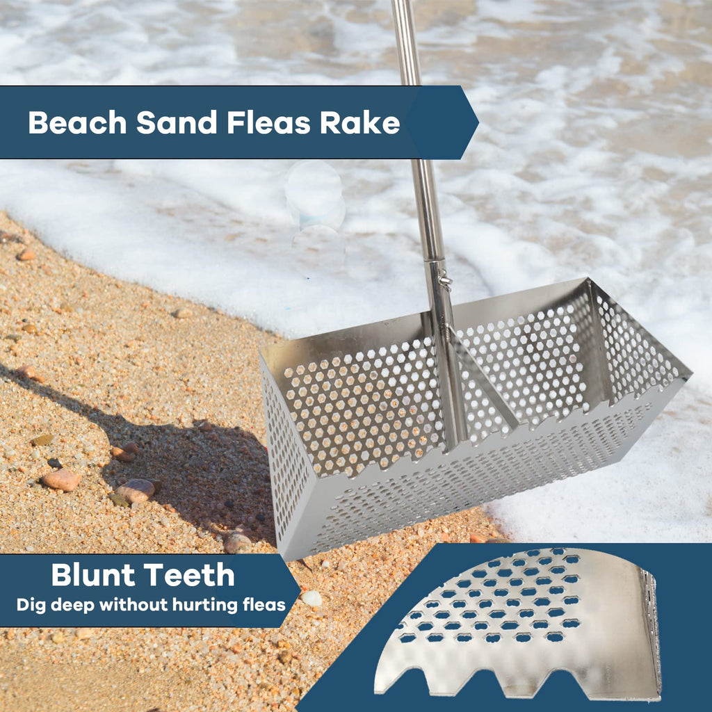 Sand Flea Rake, 47" Detachable Stainless Steel Beach Sifter & Bucket