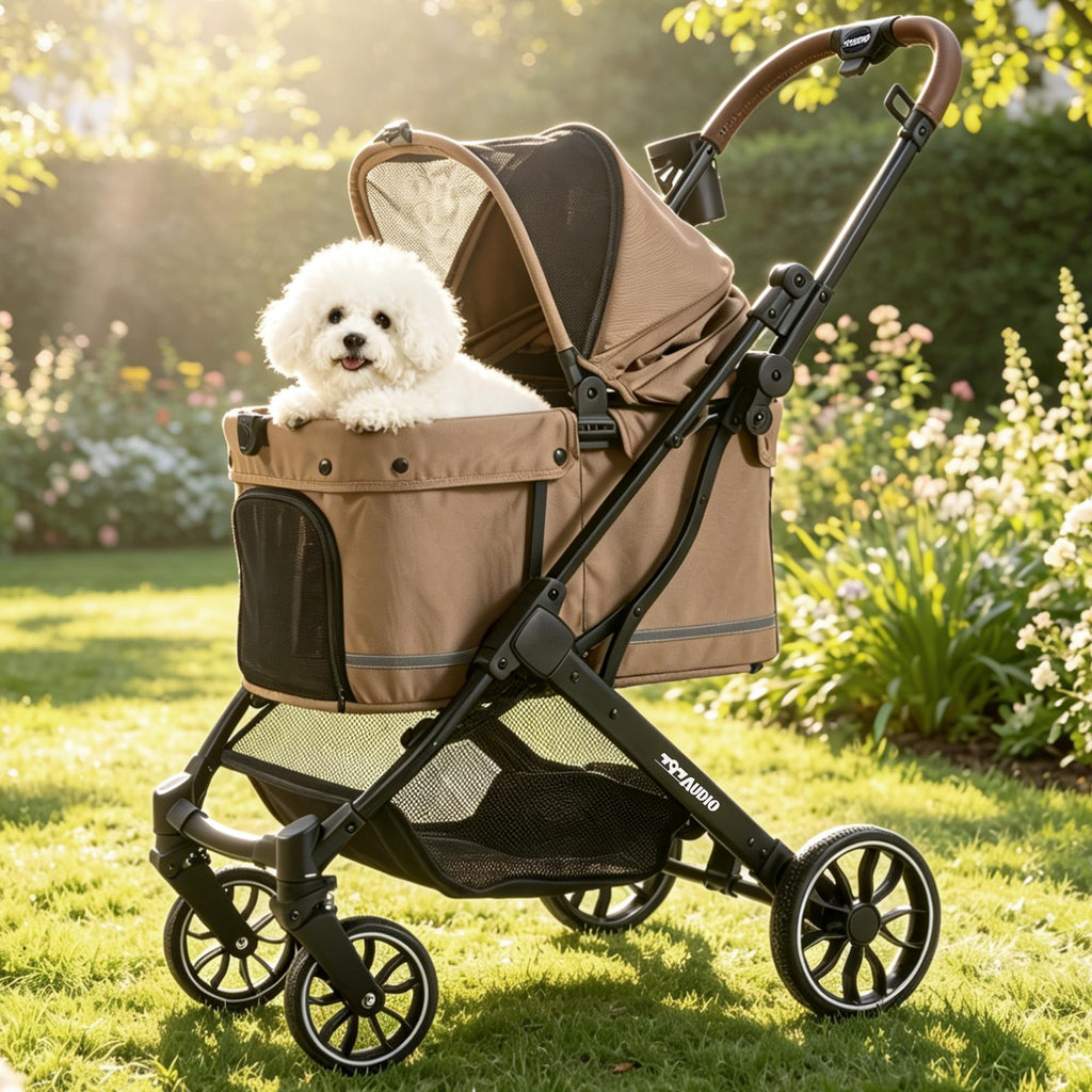 797Audio Dog Stroller for Small Medium Dogs,Pet Stroller for Cats Puppy Up to 121lbs,Foldable,One Click Folding,4 Wheel Shock Absorption,Adjustable Canopy with Sun Shades,Removable Washable Pad(Brown)