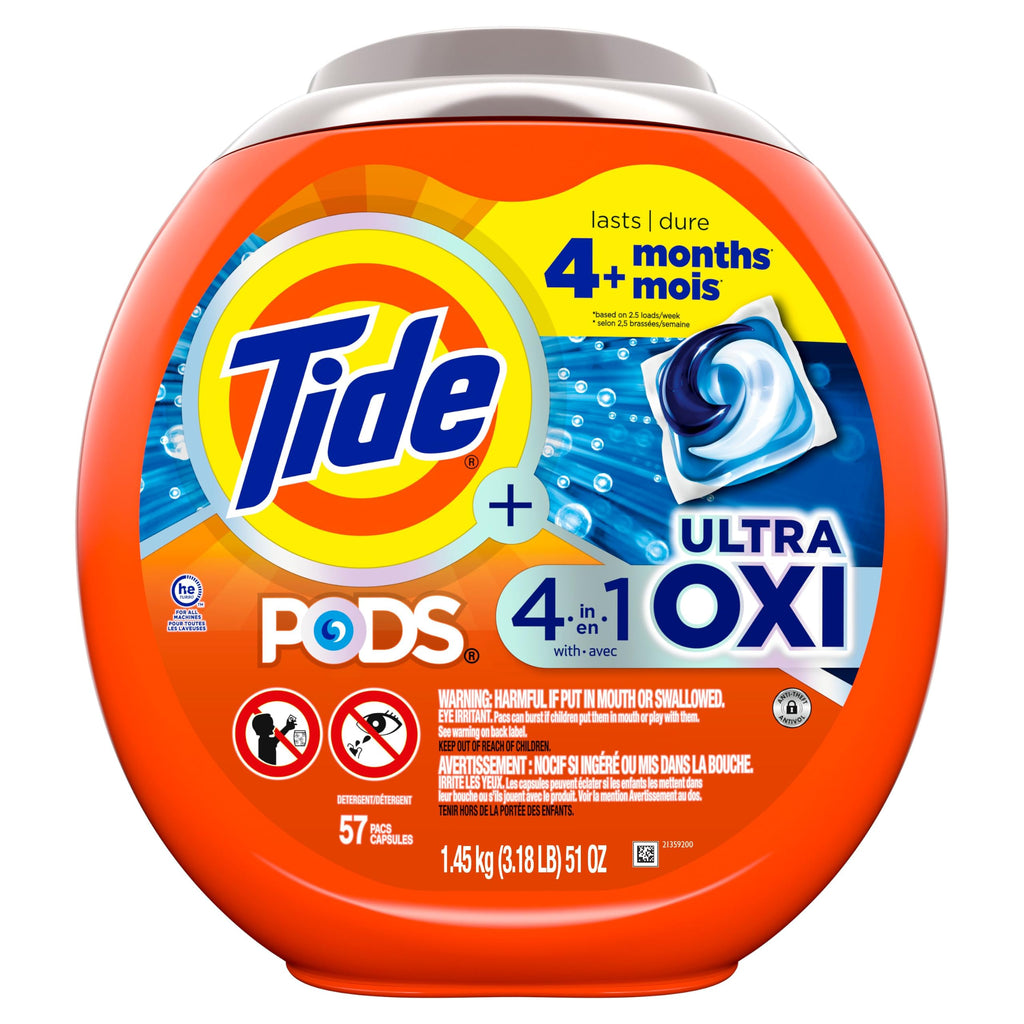 Tide 4-n-1 Ultra Oxi PODS Laundry Detergent Pacs, 57 Count, HE Compatible, Built in Pre-treater for Stains