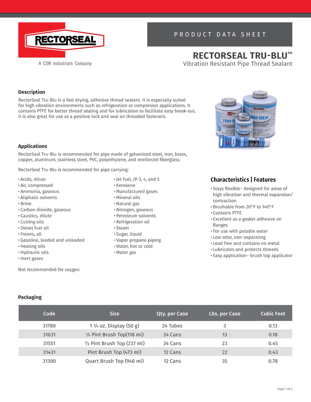RectorSeal Tru-Blu 31631 Pipe Thread Sealant, Fast-Dry, PTFE Enriched, Plumbing, Designed for high Vibration environments and Thermal Expansion/Contraction, 1/4 Pint