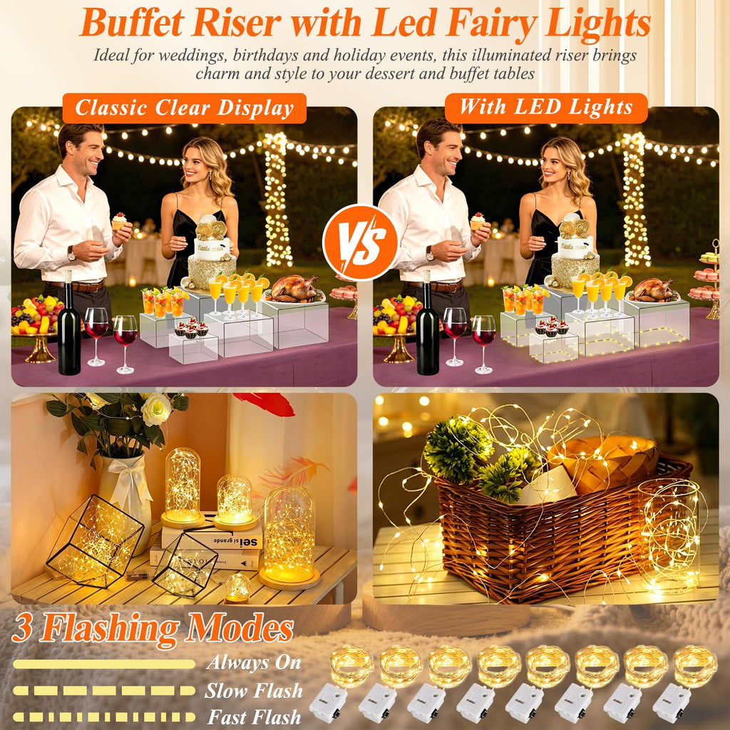 8 Pcs Clear Acrylic Buffet Risers with LED Fairy Lights, Acrylic Food Risers with Mini Sign and Maker, Clear Buffet Risers and Stands for Party Catering Dessert Collectibles(9" 8" 7" 6" 5" 5" 4" 4" )