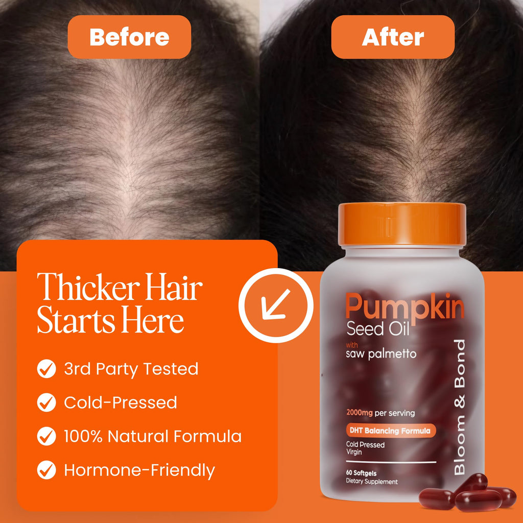 Bloom & Bond® Pumpkin Seed Oil with Saw Palmetto for Women [2000mg per Serving] - Cold-Pressed Organic Softgels for Healthy Hair & Scalp - Supports Fuller-Looking Hair - Plant-Based Supplement