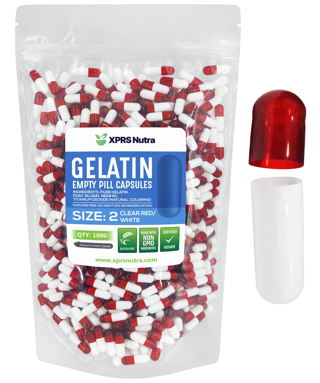 XPRS Nutra Size 2 Empty Capsules - 1000 Count Empty Gelatin Capsules - Pills DIY Capsule Filling - Pure Bovine Pill Gel Caps for Do-It-Yourself Supplements (Clear Red/White)