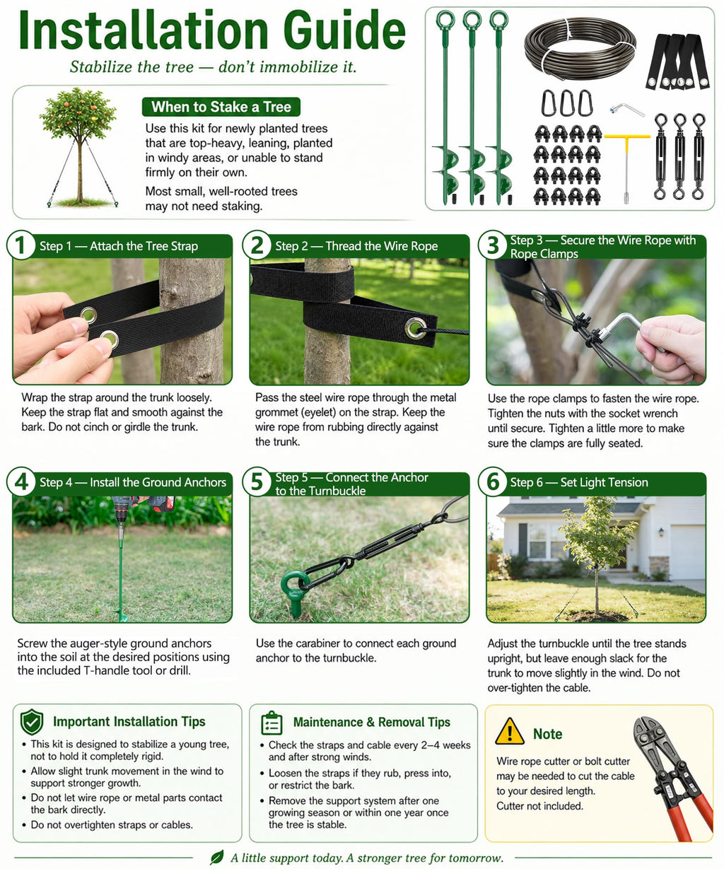 Fuuner Tree Stakes and Supports Kit, 3 Pack Spiral Tree Stakes with Straps & Turnbuckles, Tree Support Stakes for Leaning Trees and Young Trees