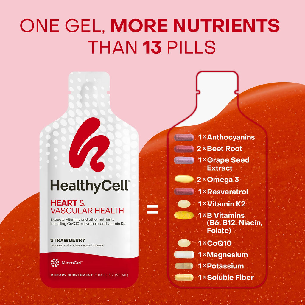 Healthycell Heart & Vascular Health Daily Liquid Supplement - Cardiovascular Support with Beet Root Powder, Resveratrol, CoQ10, Omega-3 & Vitamin K - 30 Gel Packs